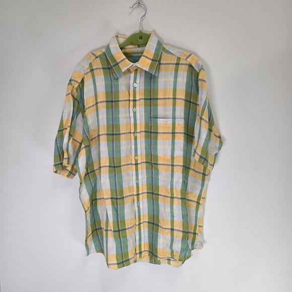 Bugatchi Uomo 100% Linen, Plaid, Short-Sleeve Button Men’s Shirt Size Medium - Picture 1 of 5